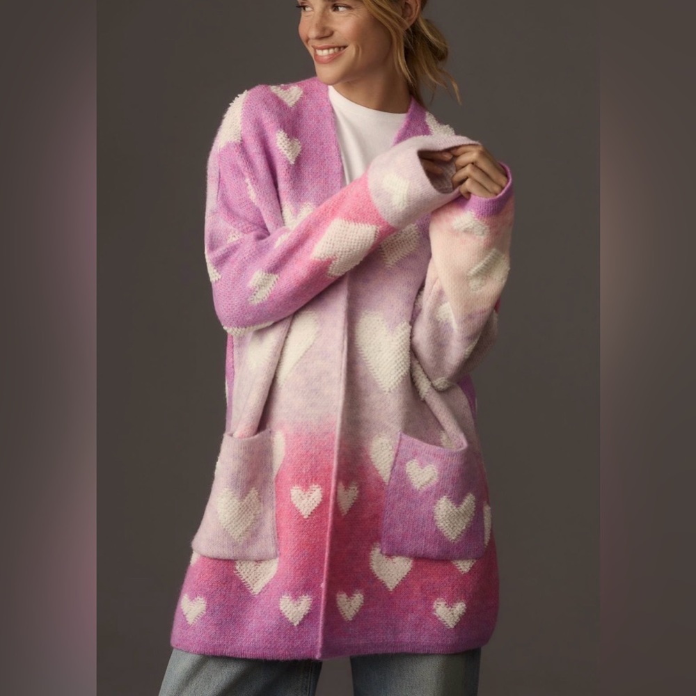 Maeve by Anthropologie Purple Pink Heart-Print Open Cardigan Sweater size M/L - Picture 2 of 6
